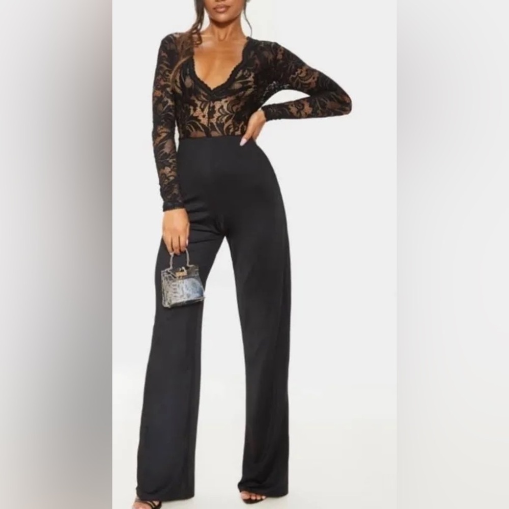 NWT PrettyLittleThing Black Lace Wide Leg Jumpsuit